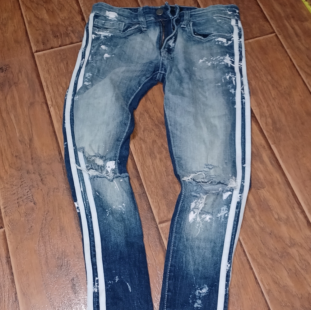 Legacy EditionMen's Blue Ripped Skinny Jeans with Stripes